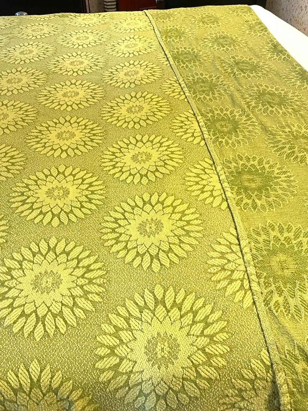 Cone Mills cotton bedspread, twin size, heavy brocade, fringe on 3 sides, 1960’s